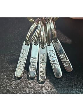 Exte brand silver tone key ring with 5 labeled removable rings